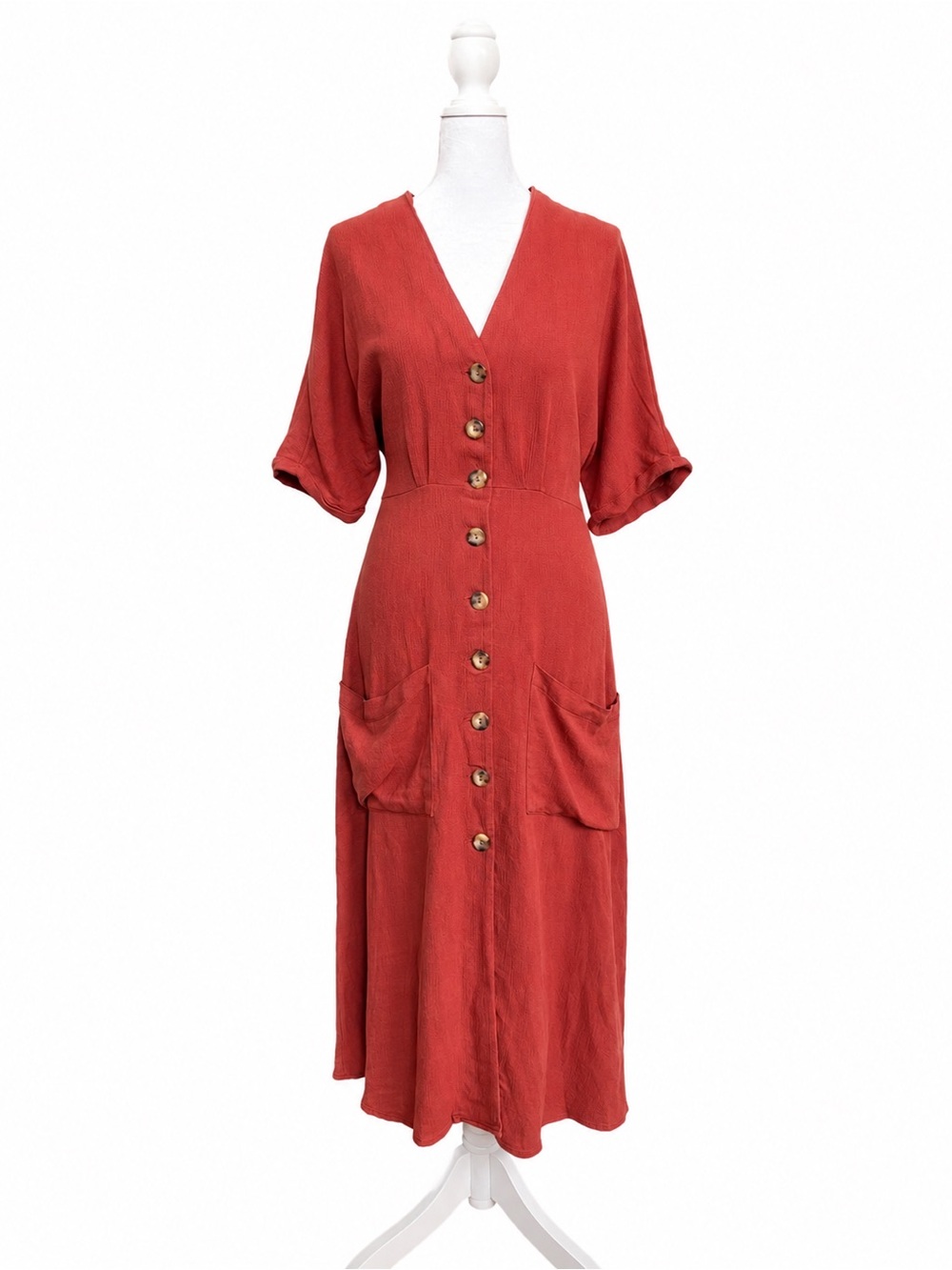 Stradivarius Romantic Burnt Orange Button Front Midi Dress M
